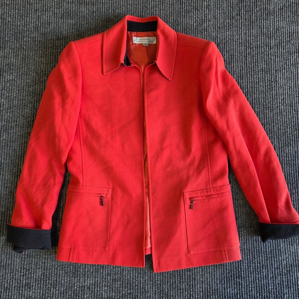 Tahari Arthur S Levine Women Red Textured Blazer Jacket Career Office Size 8